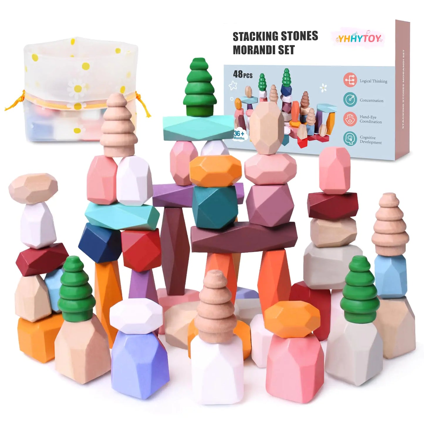 48-Piece Wooden Stacking Stones Toy Set